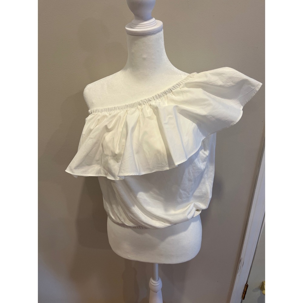 A New Day Womens White One Shoulder Ruffle Blouse Elastic Hem Top XS